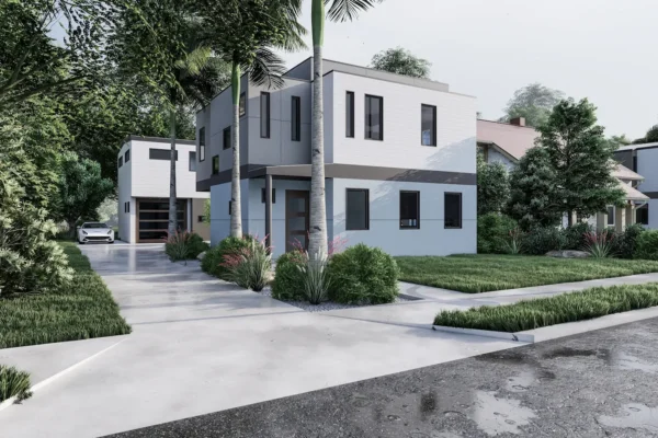 Angled street-level architectural rendering of two modern two-story homes in the Six in the City development in College Park, Orlando, showing white panel and gray stucco facades with black-framed windows, wood garage doors, concrete driveways, lush tropical landscaping with palm trees and ornamental grasses, and a white sports car in the driveway on a wet-pavement overcast day