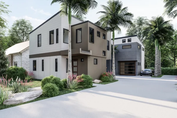 Street-level architectural rendering of the two left-side homes in the Six in the City development in College Park, Orlando, showing a modern two-story home with white horizontal siding and tan stucco accent on the left, and a dark gray and white unit with a wood-panel garage door on the right, lush tropical landscaping with ornamental grasses, flowering shrubs, boulder accents, tall royal palms, and a dark car parked in the driveway under mature tree canopy