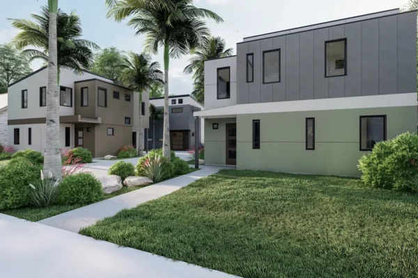 Architectural rendering of the right front unit front yard view of the Six in the City development in College Park, Orlando, showing a modern two-story home with dark gray vertical panel upper facade and sage green stucco lower level, black-framed windows, a wood accent entry door, lush green lawn, tropical landscaping with ornamental grasses and flowering shrubs, tall royal palms, and adjacent tan and white units with a shared driveway visible behind