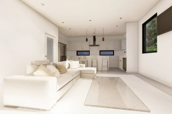 six-in-the-city-unit-1-rendering-kitchen-white-cabinets-gas-range-island-seating-college-park.webp