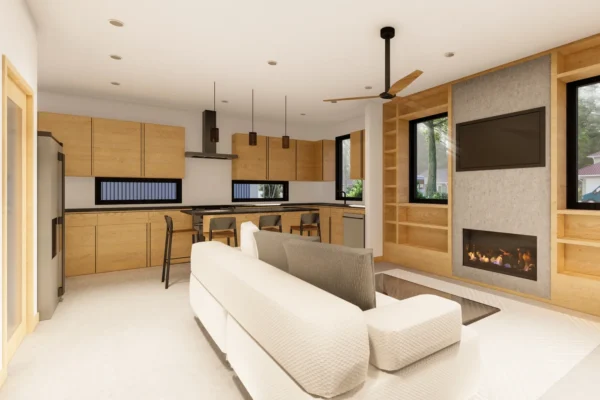 Architectural rendering of Unit 1 in Six in the City, a boutique steel frame home community in College Park, Orlando, showing an open plan kitchen and living area with white shaker cabinets, white quartz island, stainless appliances, black-framed windows, and warm pendant lights