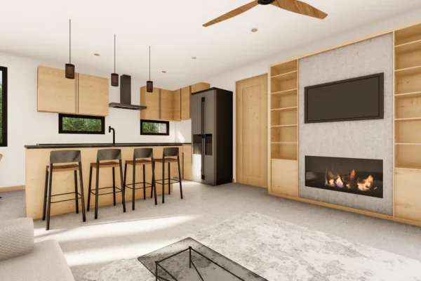 Architectural rendering of Unit 2 in Six in the City, College Park, Orlando, showing an open plan living and kitchen area with natural wood flat-front cabinetry, dark stone countertops, built-in linear fireplace with stone surround and integrated shelving, and large black-framed windows