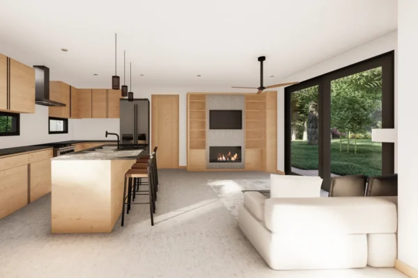 Architectural rendering of the kitchen and dining area in Unit 3 of Six in the City, College Park, Orlando, featuring white shaker cabinets, white quartz island, dark dining table with white chairs, large black-framed window overlooking a bamboo garden, and modern pendant lighting