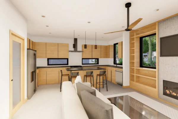 Architectural rendering of Unit 4 in Six in the City, College Park, Orlando, showing a two-story open plan interior with a white kitchen island, gas range, stainless refrigerator, modern staircase with cable railing, and recessed lighting throughout