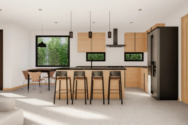Architectural rendering of the kitchen and dining area in Unit 5 of Six in the City, College Park, Orlando, with natural wood flat-front cabinetry, dark island countertop, black metal bar stools, walnut dining table with wood chairs, oversized black-framed picture window with bamboo garden view, and pendant lighting