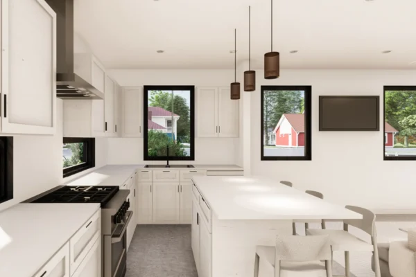 Architectural rendering of Unit 5 in Six in the City, College Park, Orlando, showing an open plan living and kitchen with natural wood flat-front cabinetry, dark stone countertops, kitchen island with bar seating, built-in linear fireplace with stone surround and integrated wood shelving, ceiling fan, and neighborhood views through black-framed windows