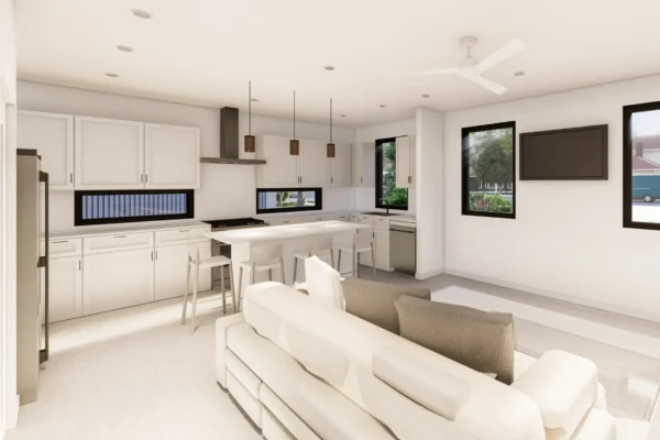 Architectural rendering of the kitchen and living area in Unit 7 of Six in the City, College Park, Orlando, featuring white shaker-style cabinets, stainless range hood, gas cooktop, white quartz island with bar seating, horizontal clerestory windows, white ceiling fan, stainless refrigerator, wall-mounted TV, light sectional sofa, and black-framed windows with street and garden views
